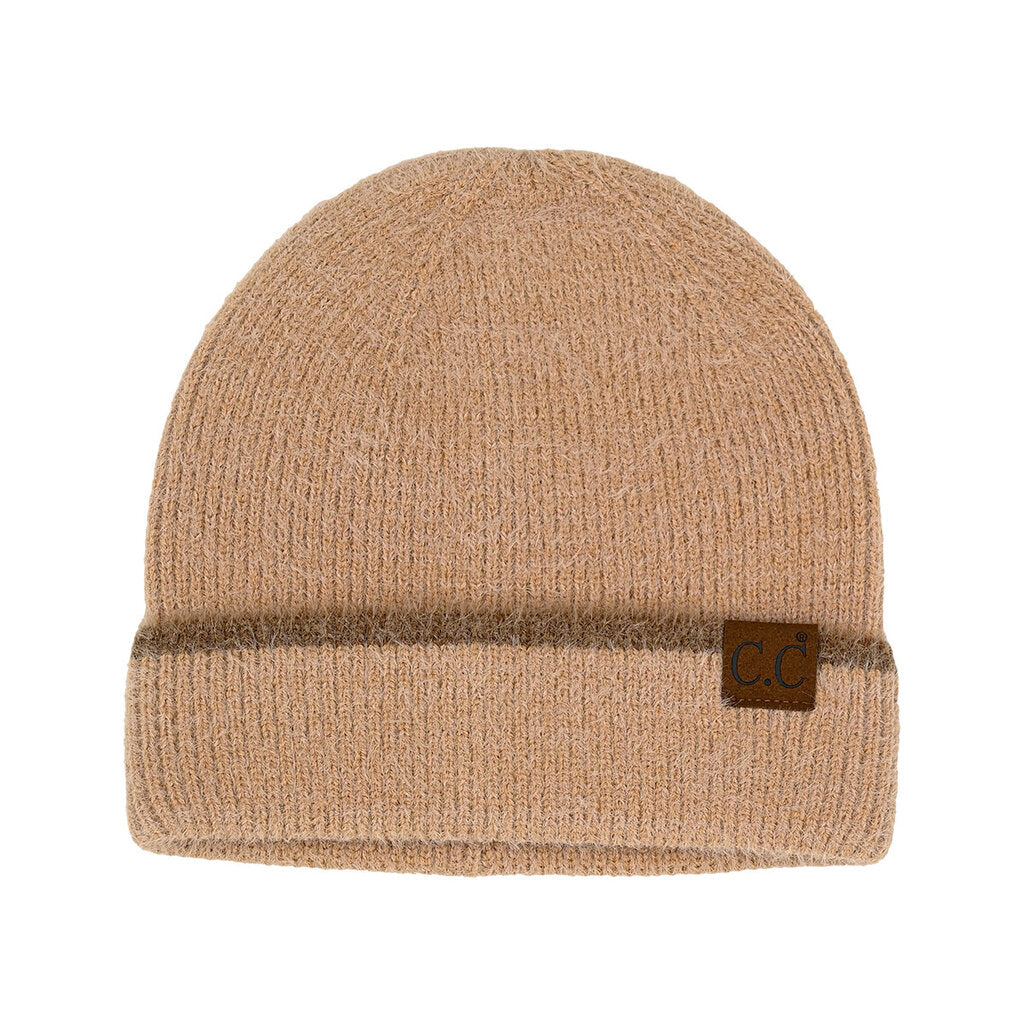 Biege- Cuff Beanie w/ Stripe