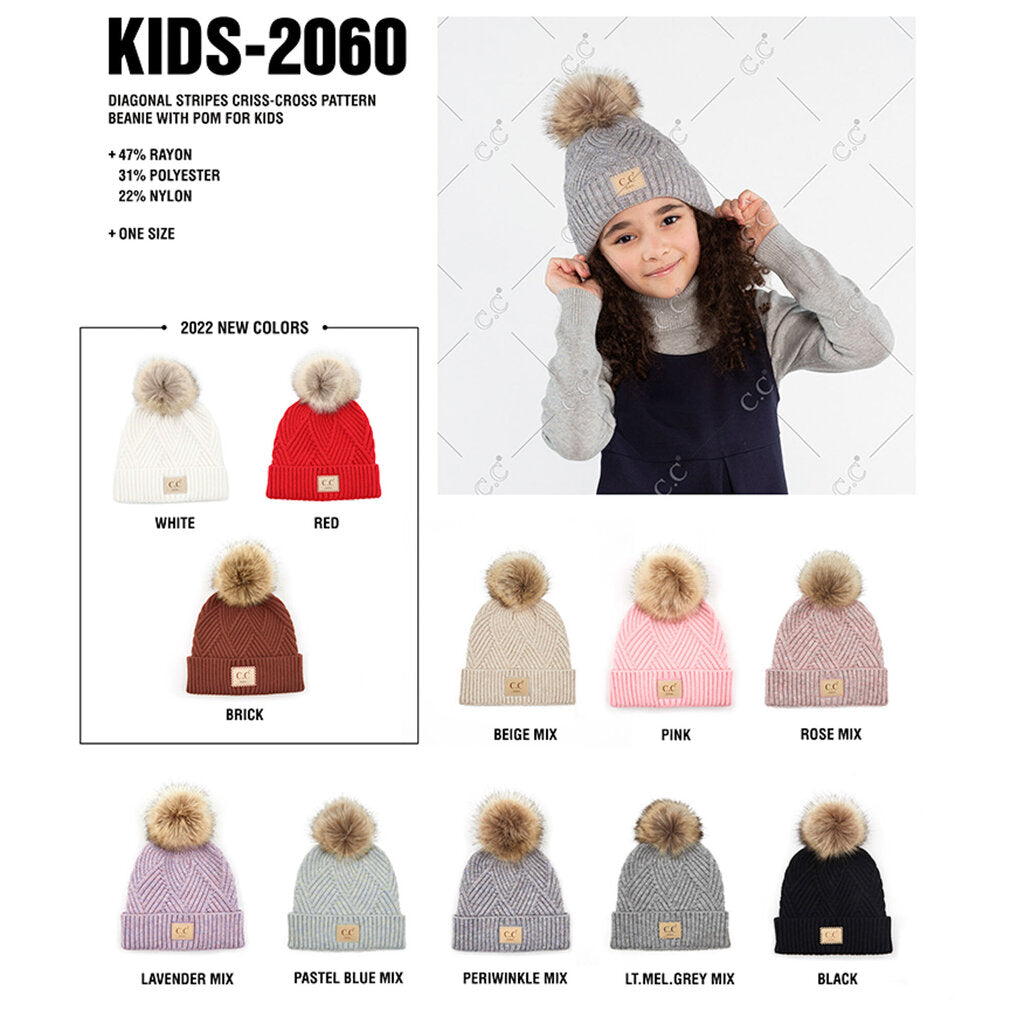 Pastel Blue- Crisscross Pompom Beanie