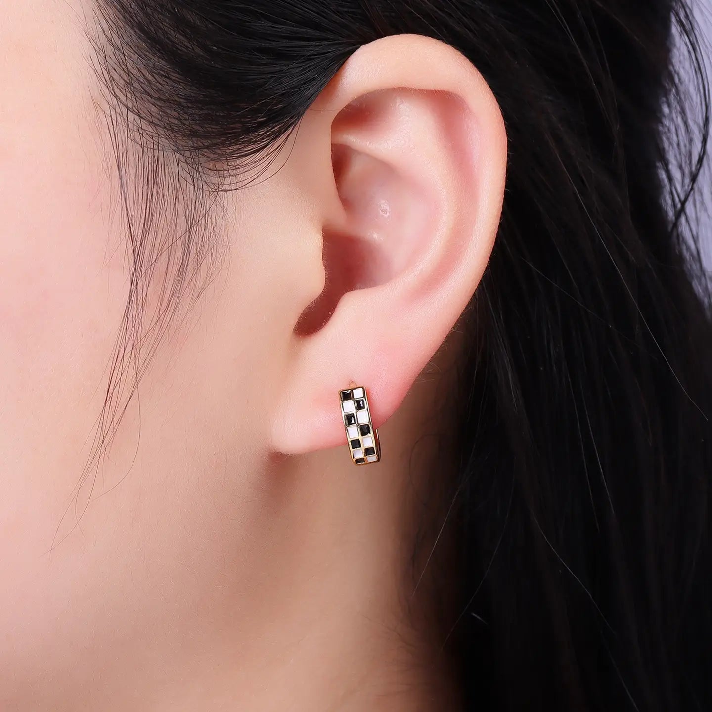 GF Checkered Enamel Huggie Earring