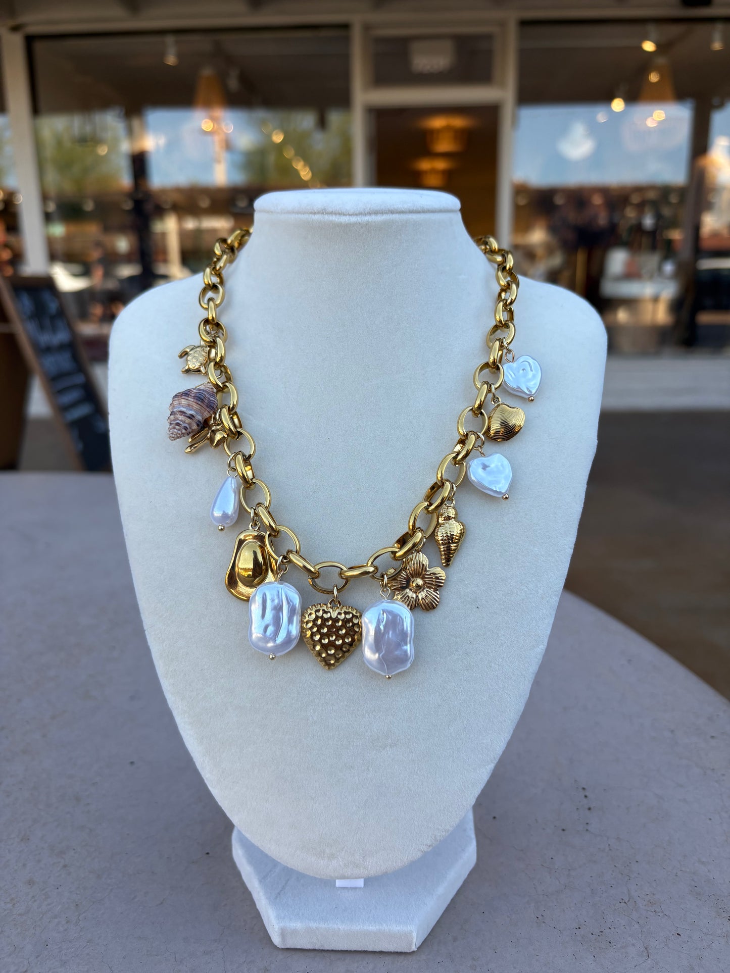 Chunky Pearl And Shell Charm Non Tarnish Necklace