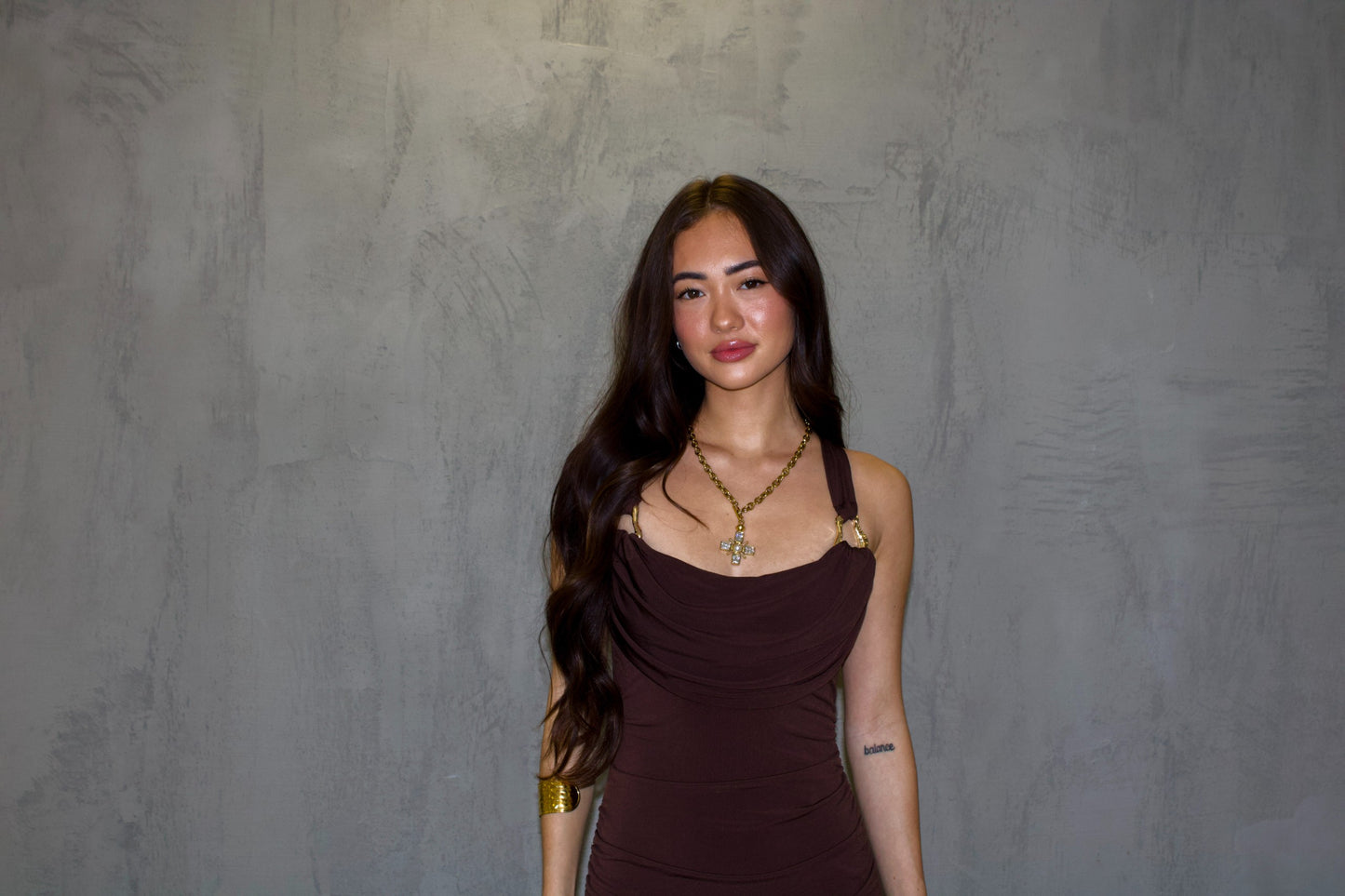 Brown Cowl Neck Maxi Dress