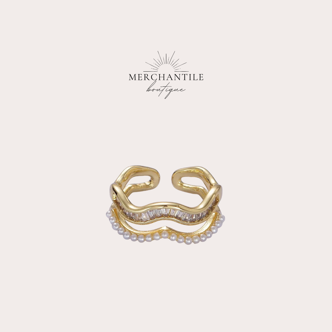 14k GF Wavy Pearl Baguette Ring