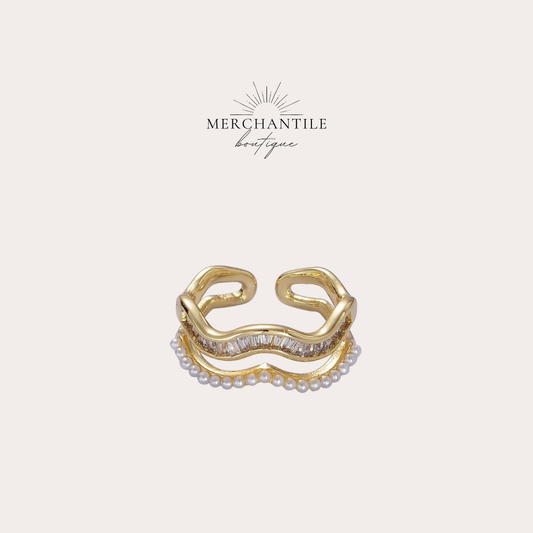 14k GF Wavy Pearl Baguette Ring