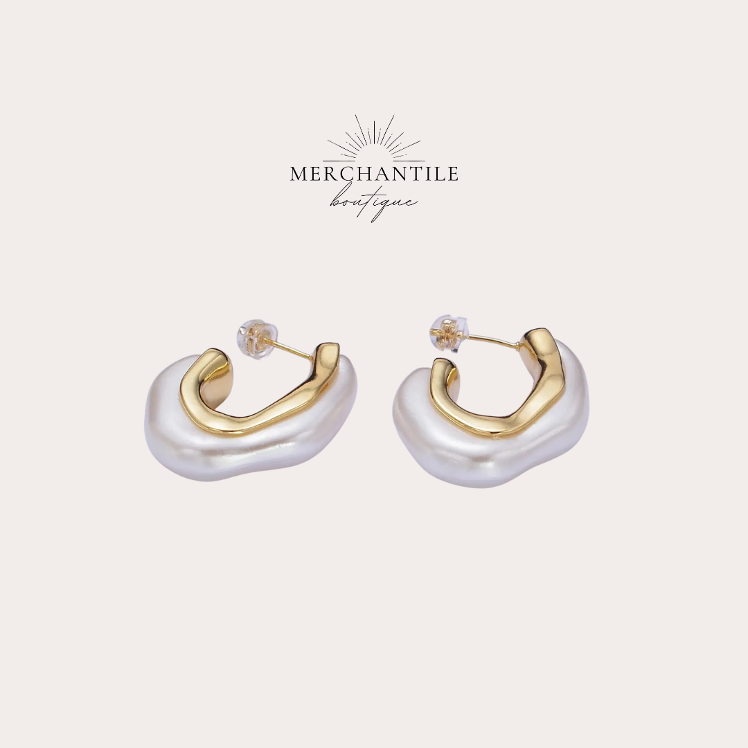24k GF 30mm Shell Pearl J Shaped Earrings