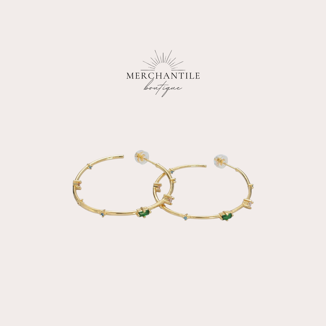 24k GF CZ Green Baguette Hoop Earrings