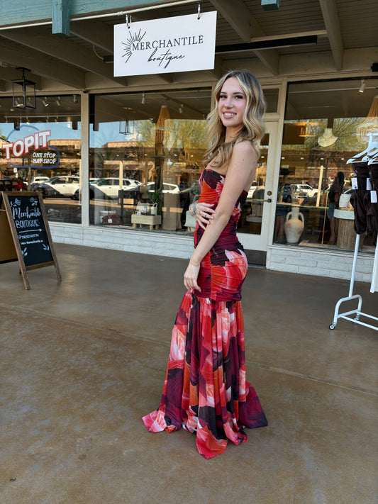 Crimson Bloom Strapless Maxi Dress