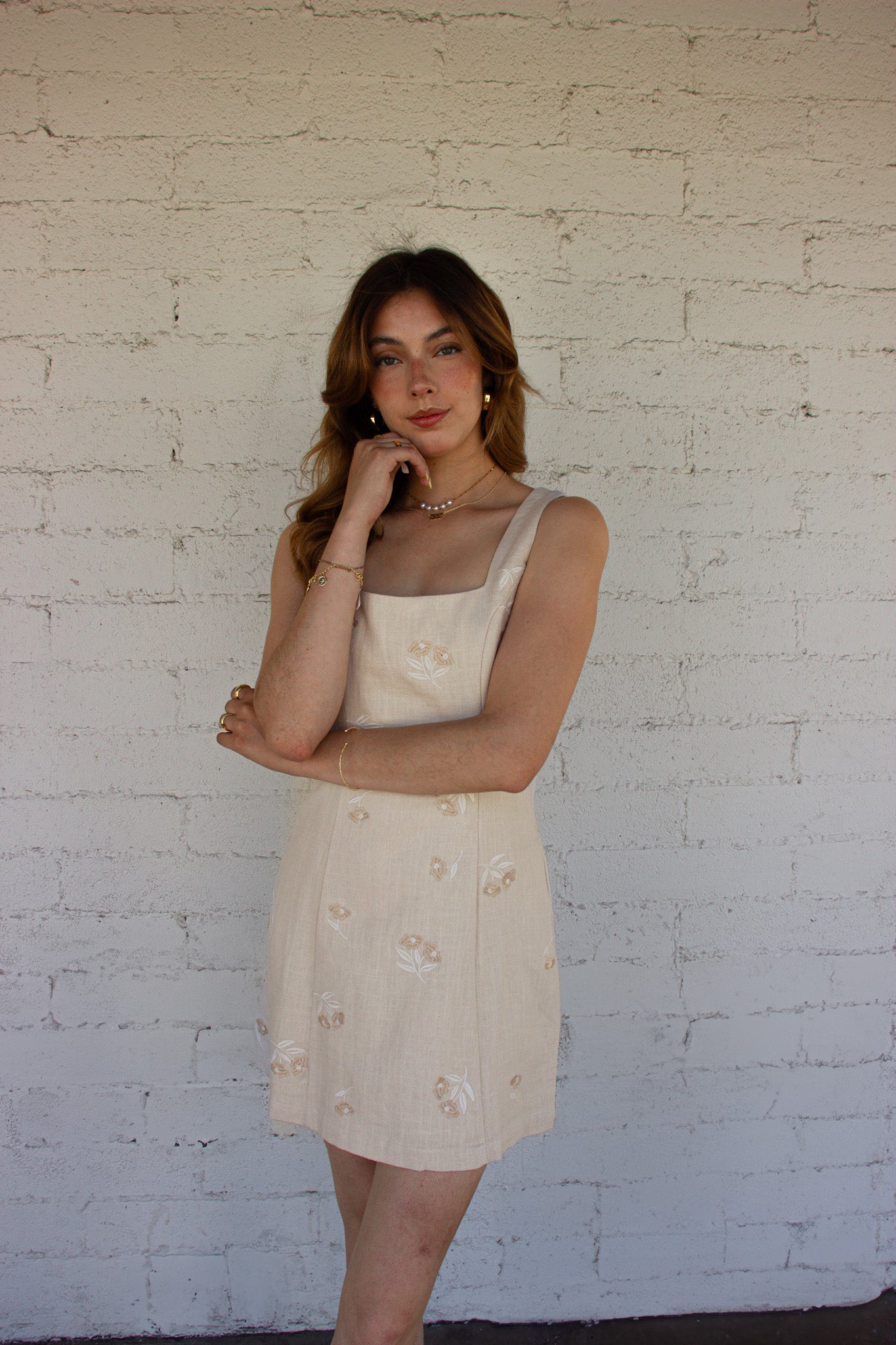 Oatmeal-Toned Mini Dress with floral Embroidery