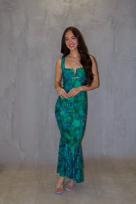 Green Multi Print Ruched Mesh Dress