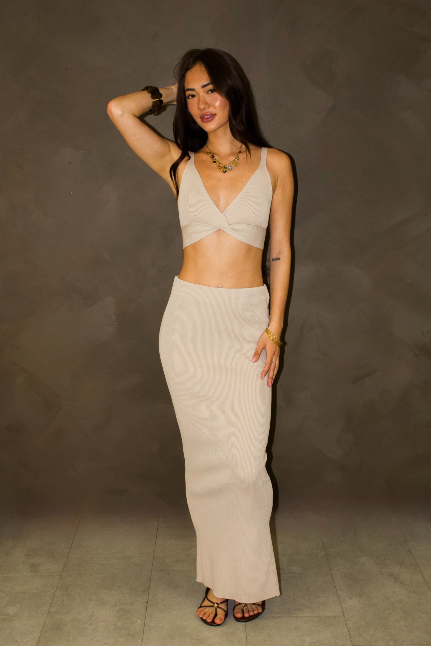 Beige Knit Twist Top