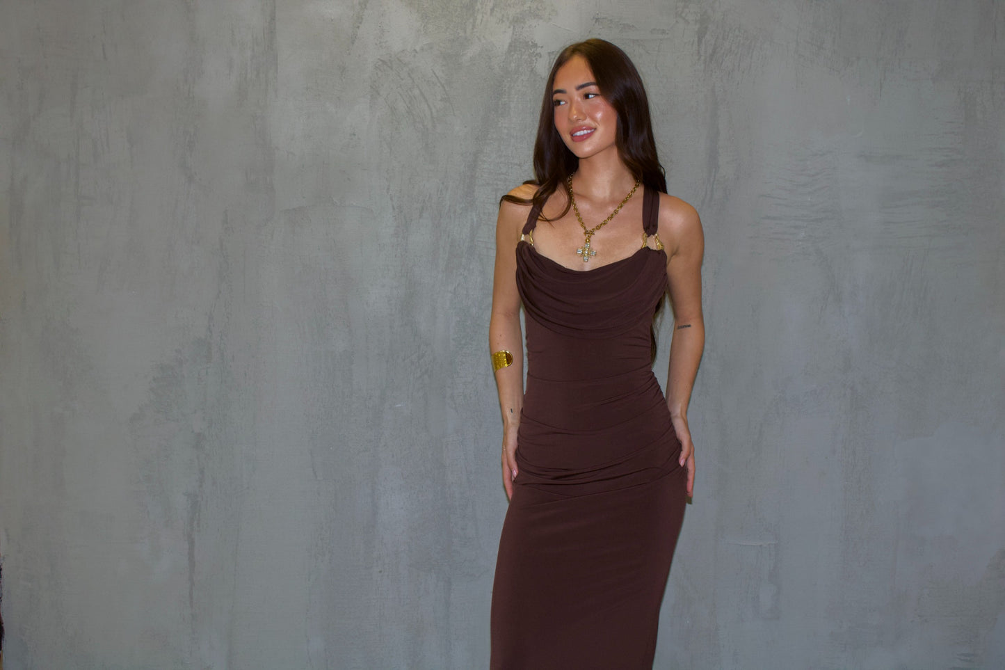 Brown Cowl Neck Maxi Dress