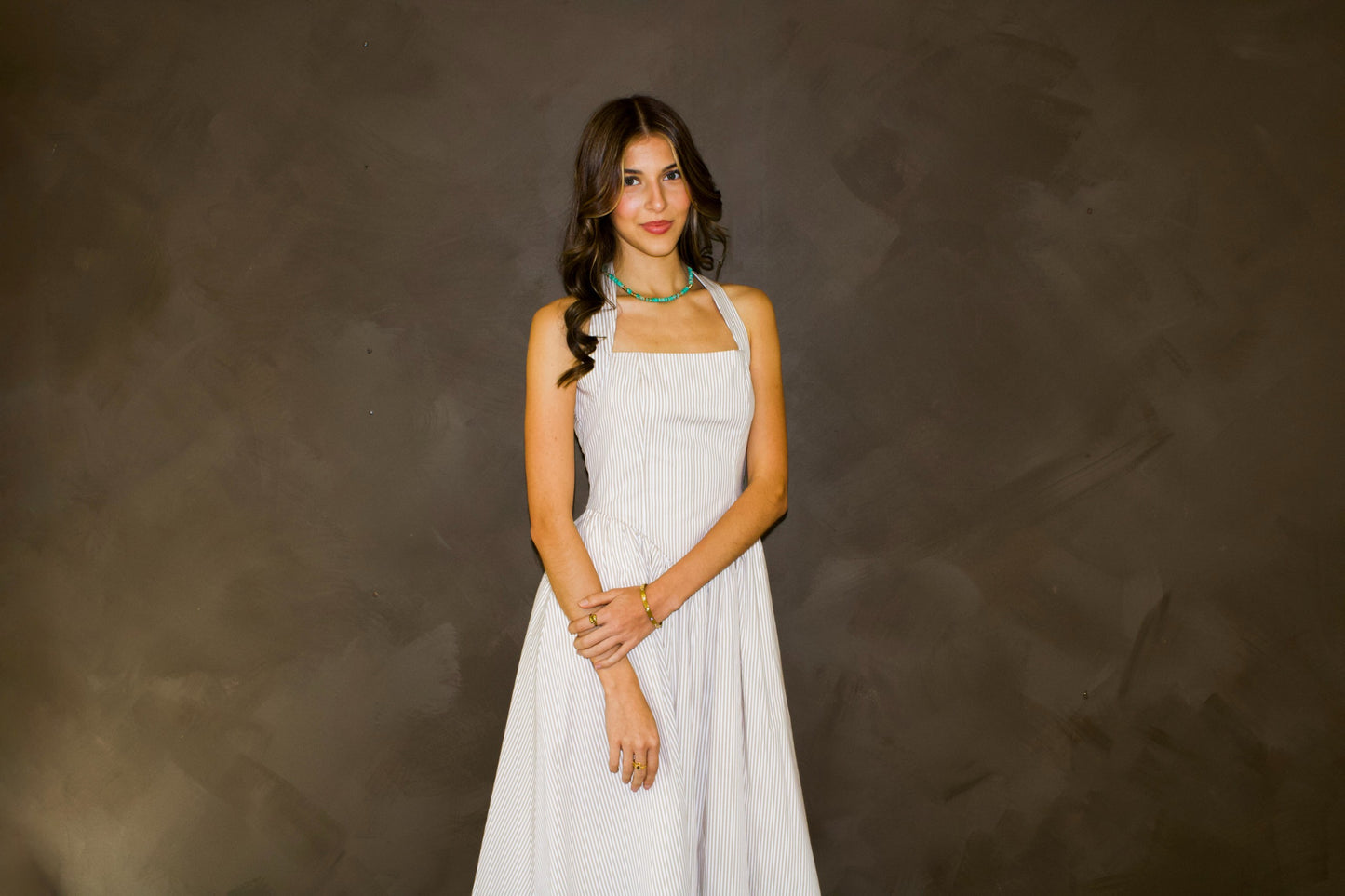 Beige Pinstripe Halter Maxi Dress