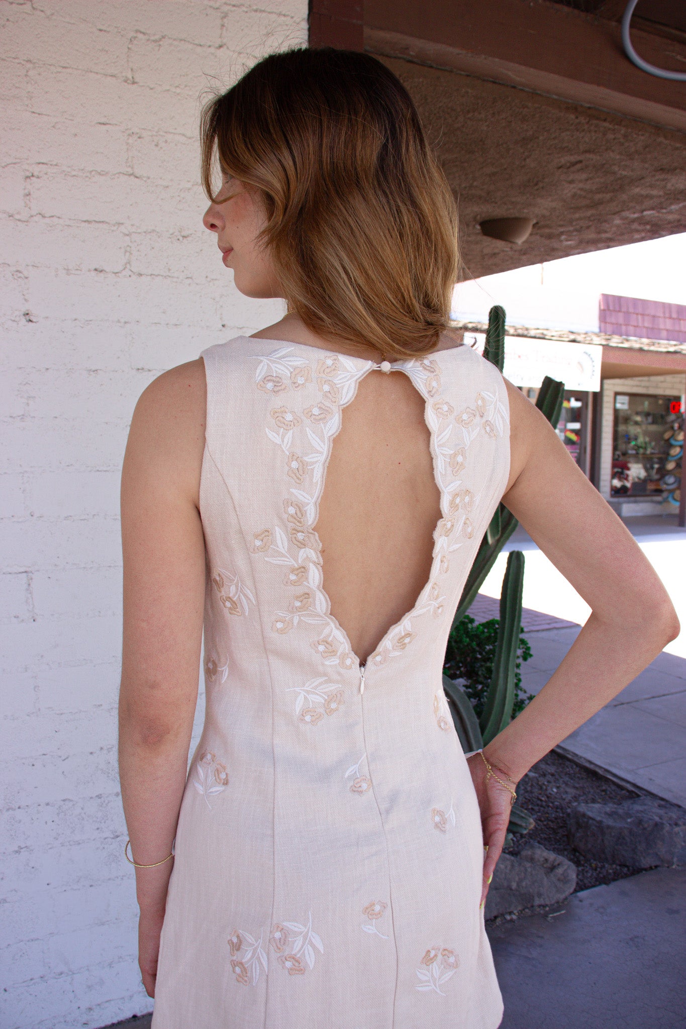 Oatmeal-Toned Mini Dress with floral Embroidery