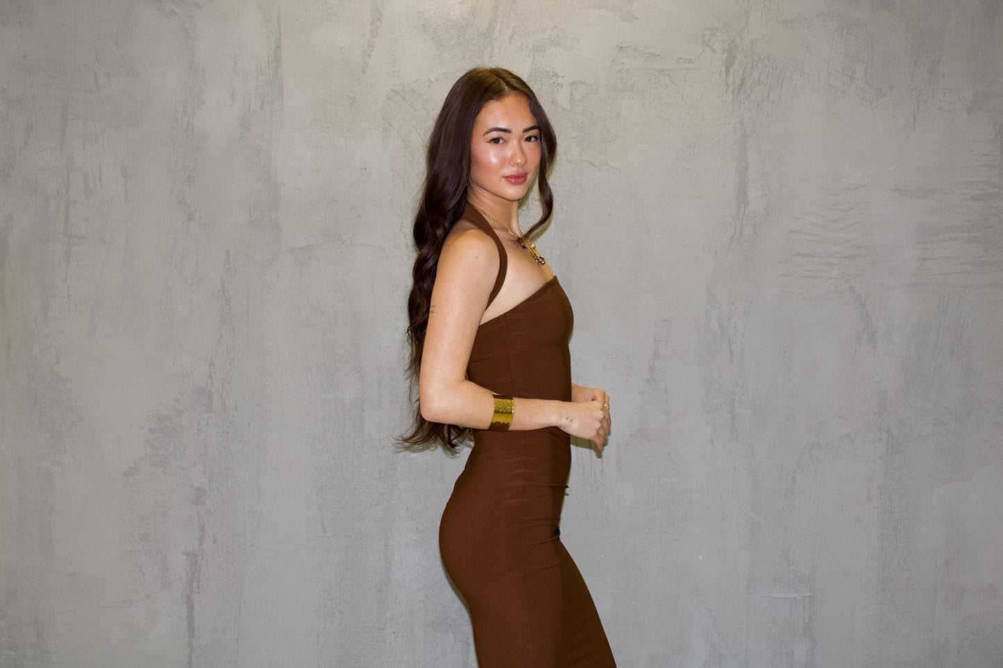 Brown Halter Collar Strapless Maxi Dress