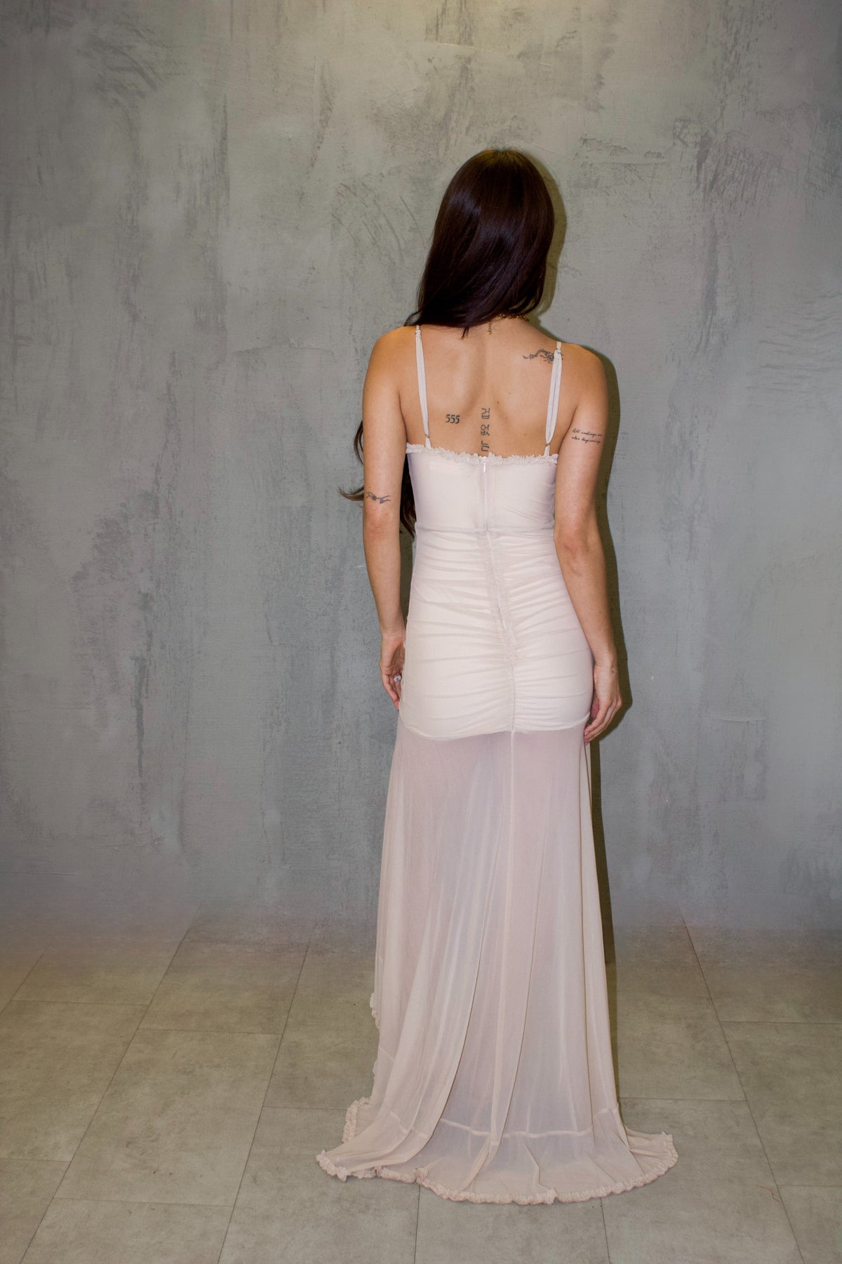 Beige Ruffle Ruched Mesh Maxi Dress
