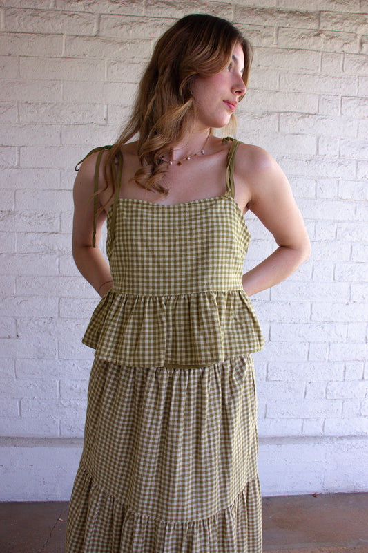 Green Gingham Matching Set with Maxi Skirt