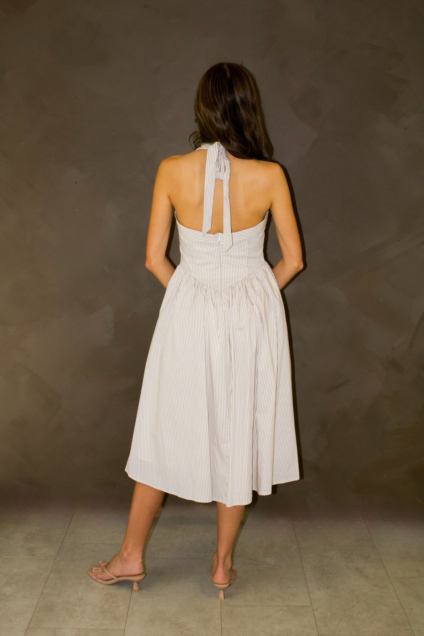 Beige Pinstripe Halter Maxi Dress