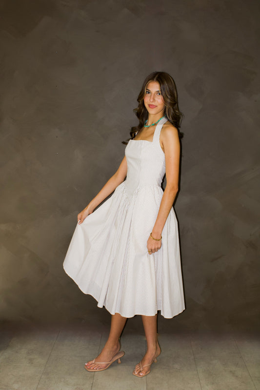 Beige Pinstripe Halter Maxi Dress