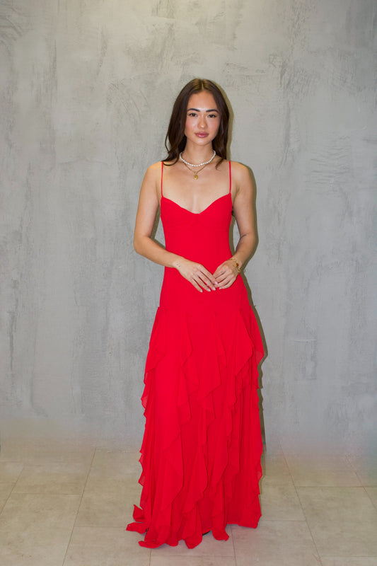 Red Ruffle Spaghetti Strap Maxi Dress
