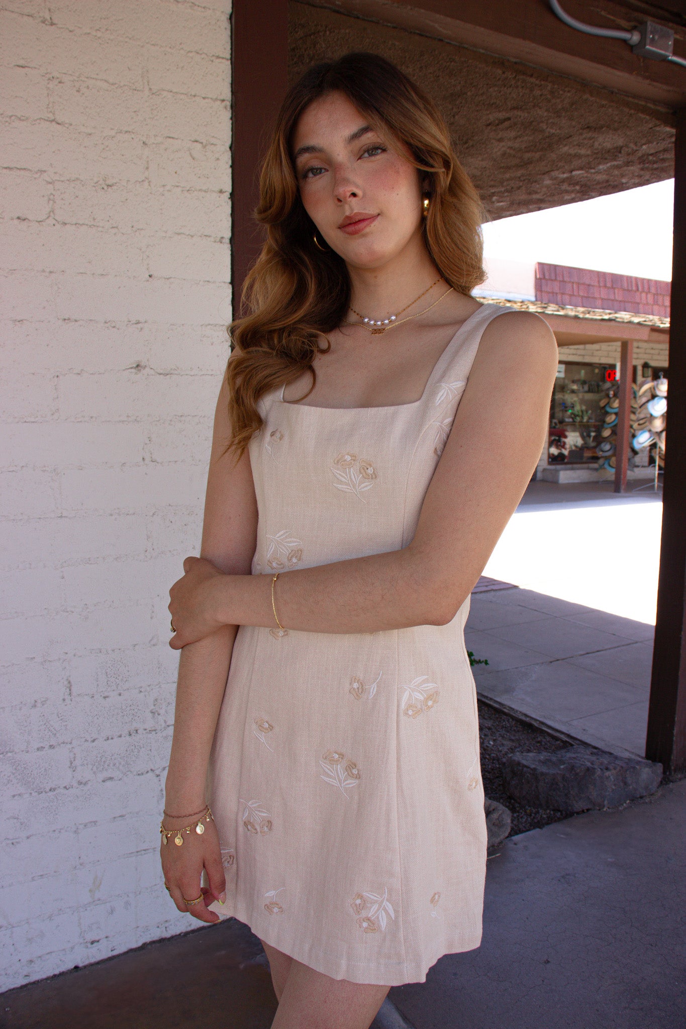 Oatmeal-Toned Mini Dress with floral Embroidery